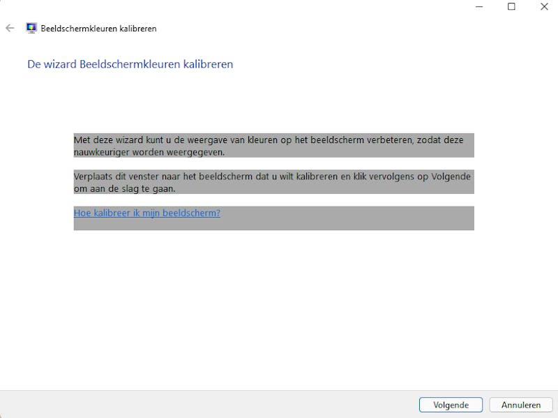 In deze wizard kun je de beeldschermkleuren kalibreren.