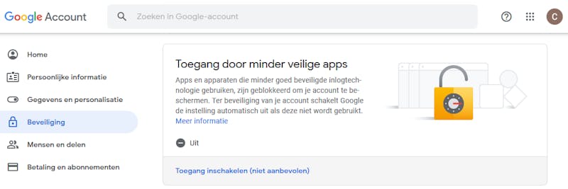 Het versturen van e-mail kan ook met Gmail, maar dat gaat ten koste van de beveiliging van je account.