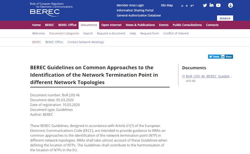 BEREC heeft richtlijnen voor waar het netwerkaansluitpunt zich bevindt.
