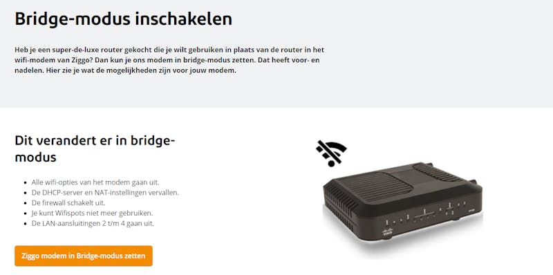 Bij Ziggo kun je de meegeleverde modem/router wel in bridge-modus laten zetten, waardoor hij alleen als modem fungeert, maar een eigen modem kan niet.