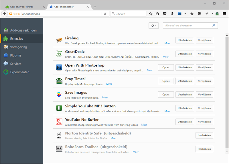 In Firefox vind je alle uitbreidingen terug bij Extensies en Plug-ins.