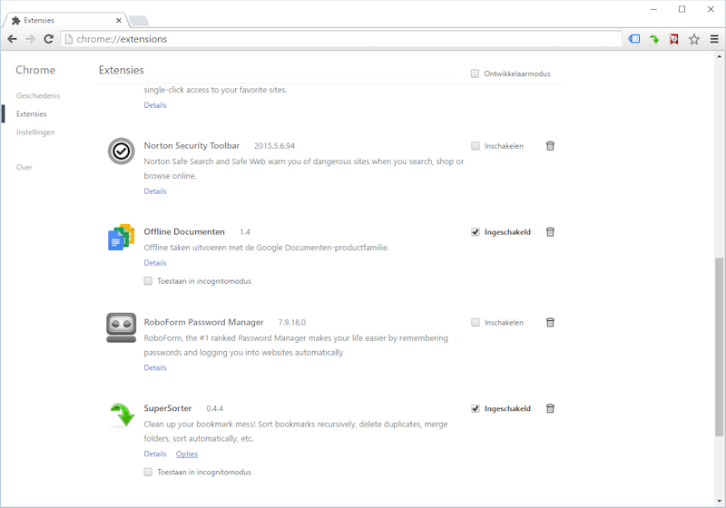 De uitbreidingen van Google Chrome heten extensies en worden getoond in één overzicht.