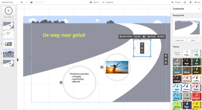 Tip 01 Bij ieder sjabloon van Prezi kun je het uiterlijk grondig wijzigen.