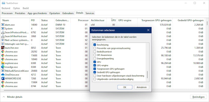 Ga na hoe zwaar elk proces je gpu belast en welke engines worden aangesproken.