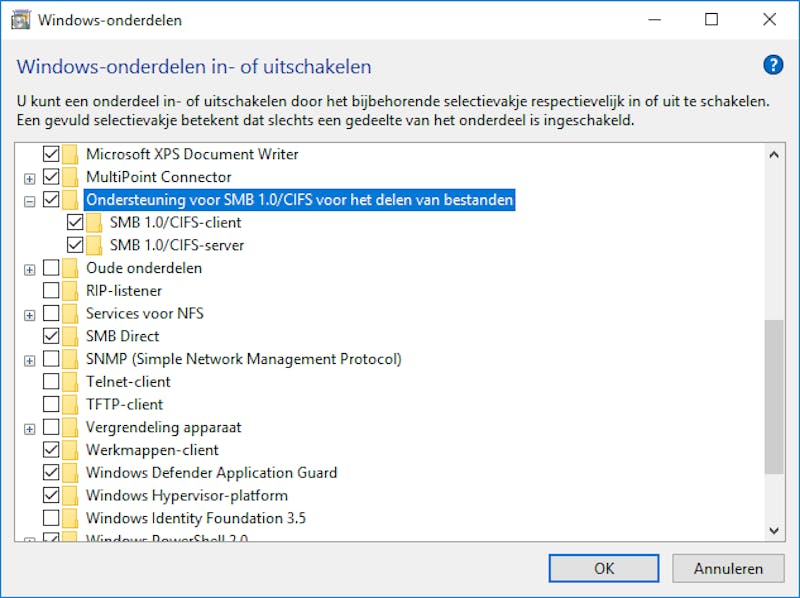 Schakel SMB 1.0/CIFS weer in om toegang te krijgen tot NAS-apparaten die dit protocol ondersteunen.