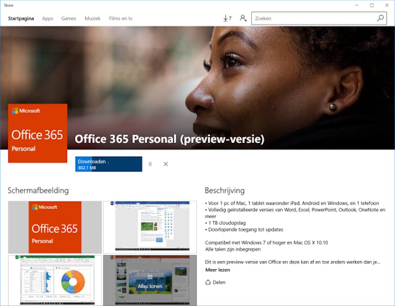 Sinds kort staat een preview van Office in de Store.