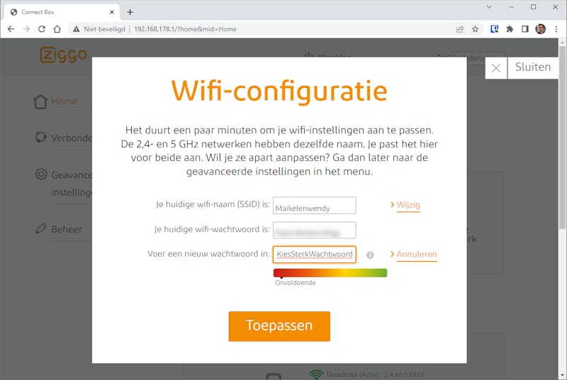 Wifi-configuratie op computerscherm