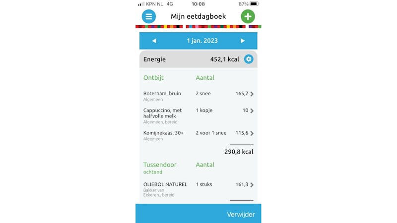 De Eetmeter van het Voedingscentrum is een app die je kunt gebruiken om bij te houden wat je per dag binnenkrijgt.