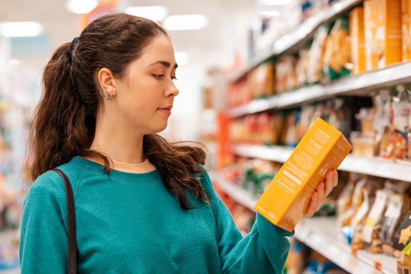 Etiketten lezen van voedingsmiddelen in de supermarkt.