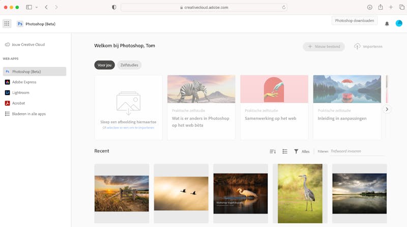 Het welkomstscherm van Photoshop Web is geopend.