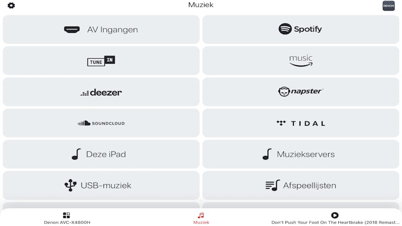 Screenshot van de HEOS-app met een Denon-receiver.