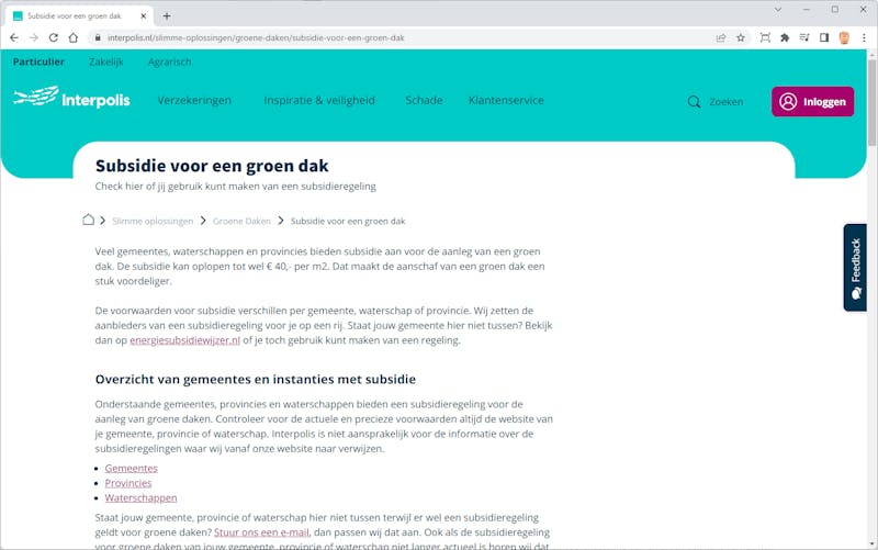 Website van verzekeraar met informatie over subsidie voor groene daken