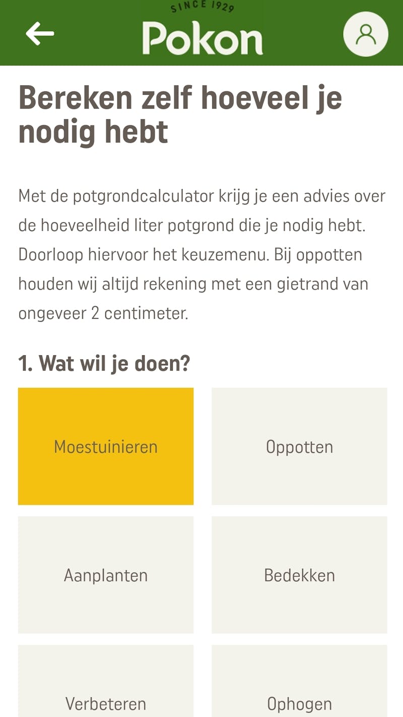 De Pokon app omgeving om te berekenen hoeveel potgrond je nodig hebt