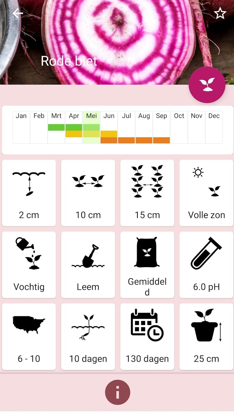 Gardenize app omgeving waar je verzorging van een rode biet vermeld staat