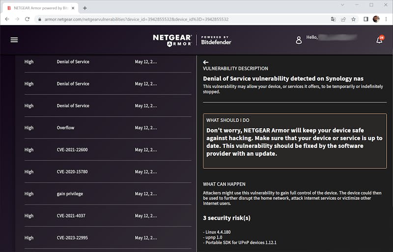 Netgear Armor heeft een website waarop je de veiligheidswaarschuwingen ziet.