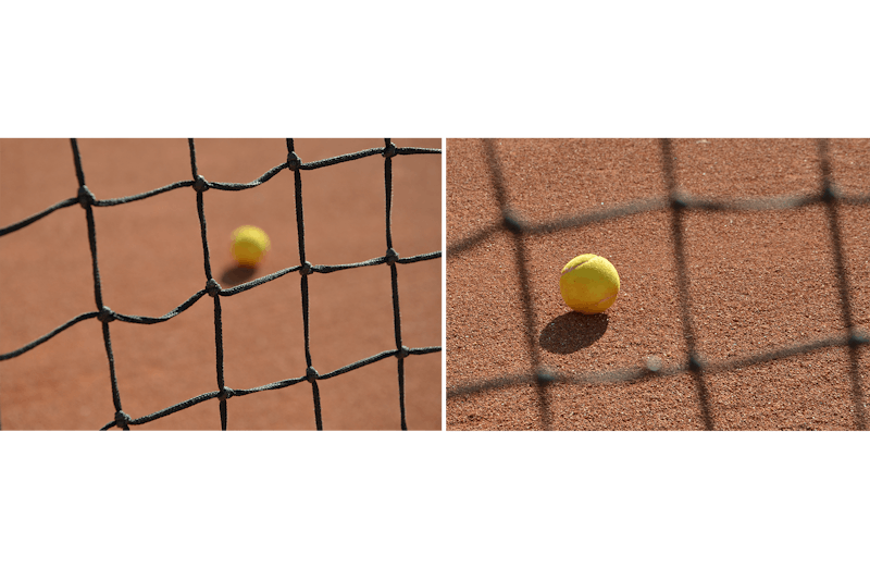 Tennisbal en net scherp en onscherp