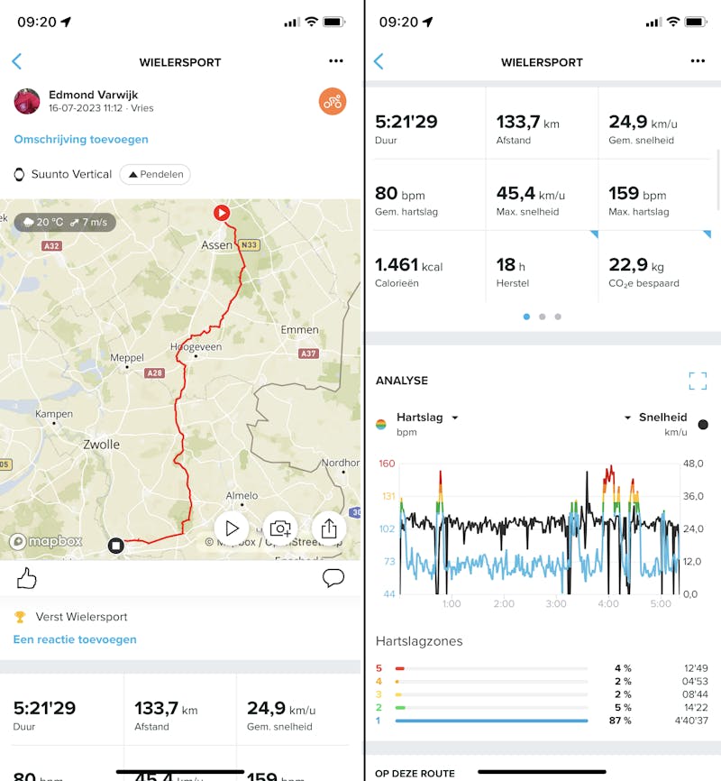 Twee weergaven van de Suunto-app naast elkaar met links de route en rechts de statistieken.