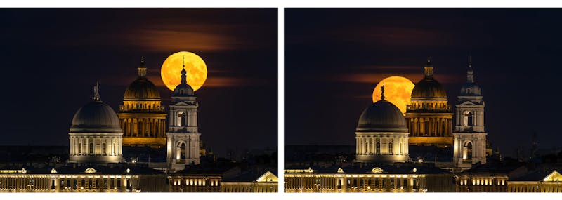 Supermaan boven sint petersburg, twee foto's na elkaar