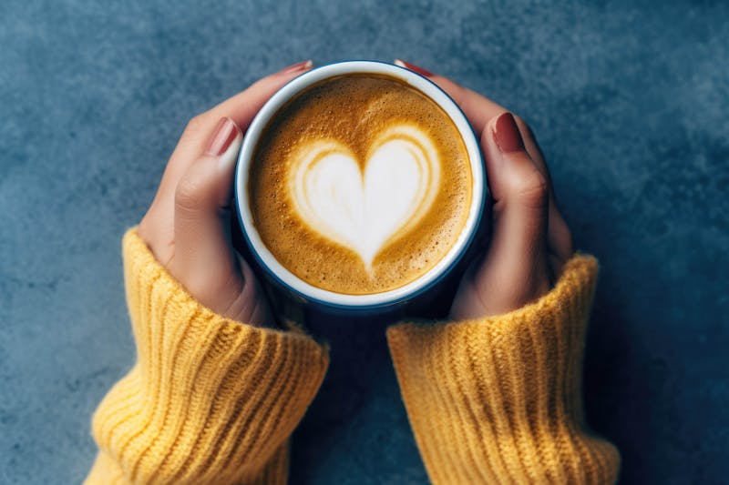 Vrouw met kopje koffie waarin een hartvorm te zien is