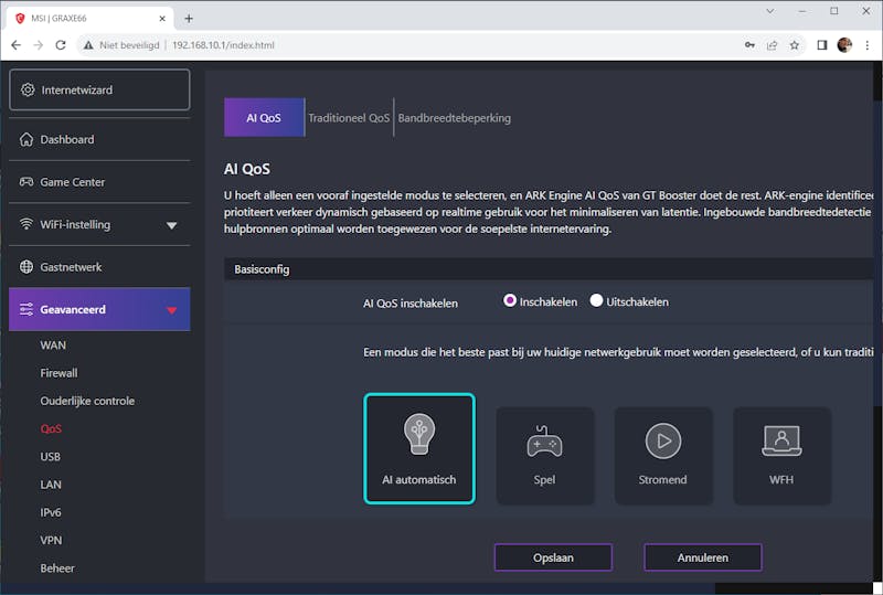 MSI RadiX AXE6600 WiFi 6E Tri-Band Gaming Router instellen van Ai QoS.