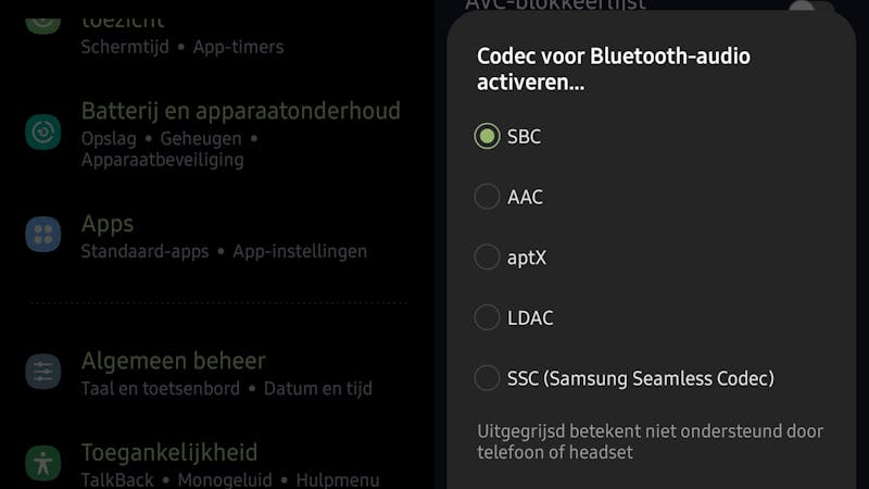 Screenshot van de ontwikkelaarsopties bij een Samsung.