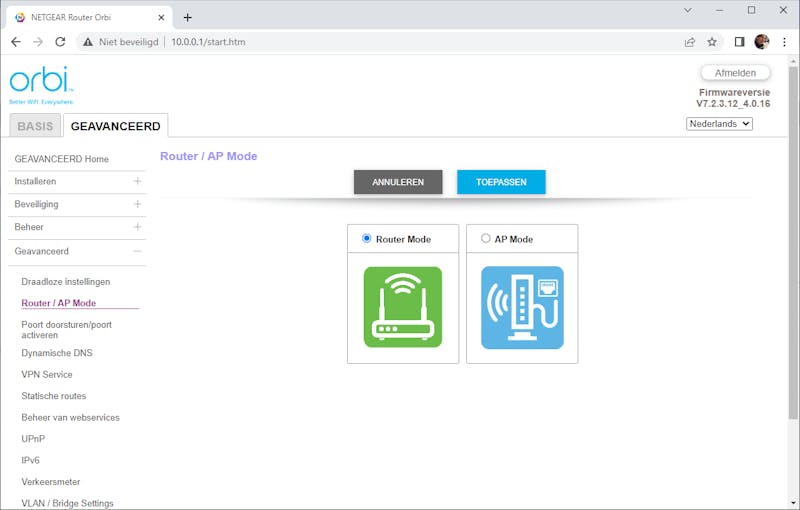 Netgear Orbi RBK863s  webinterface.