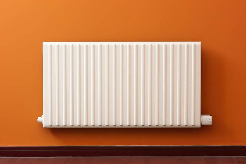 Radiator tegen oranjegele muur