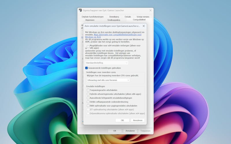 Microsoft Windows 11 emulatie-instellingen.