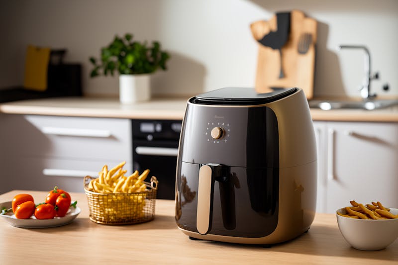 airfryer met frietjes en tomaten