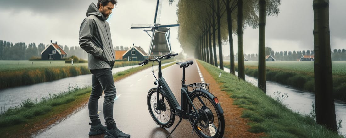 Man aan de kant van de weg met fietspech AI Waar moet ik op letten als ik pechhulp wil voor mijn e-bike?